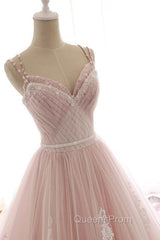 Pink A Line Spaghetti Strap Tulle Beaded Long Evening Prom Dress Sweet Applique Wedding Dress