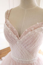 Pink A Line Spaghetti Strap Tulle Beaded Long Evening Prom Dress Sweet Applique Wedding Dress