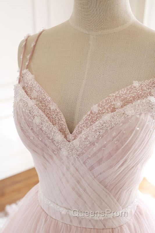 Pink A Line Spaghetti Strap Tulle Beaded Long Evening Prom Dress Sweet Applique Wedding Dress