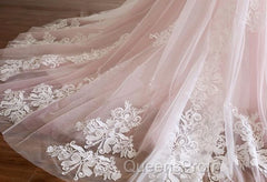 Pink A Line Spaghetti Strap Tulle Beaded Long Evening Prom Dress Sweet Applique Wedding Dress