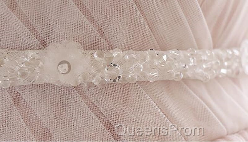 Pink A Line Spaghetti Strap Tulle Beaded Long Evening Prom Dress Sweet Applique Wedding Dress