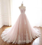 Pink A Line Spaghetti Strap Tulle Beaded Long Evening Prom Dress Sweet Applique Wedding Dress