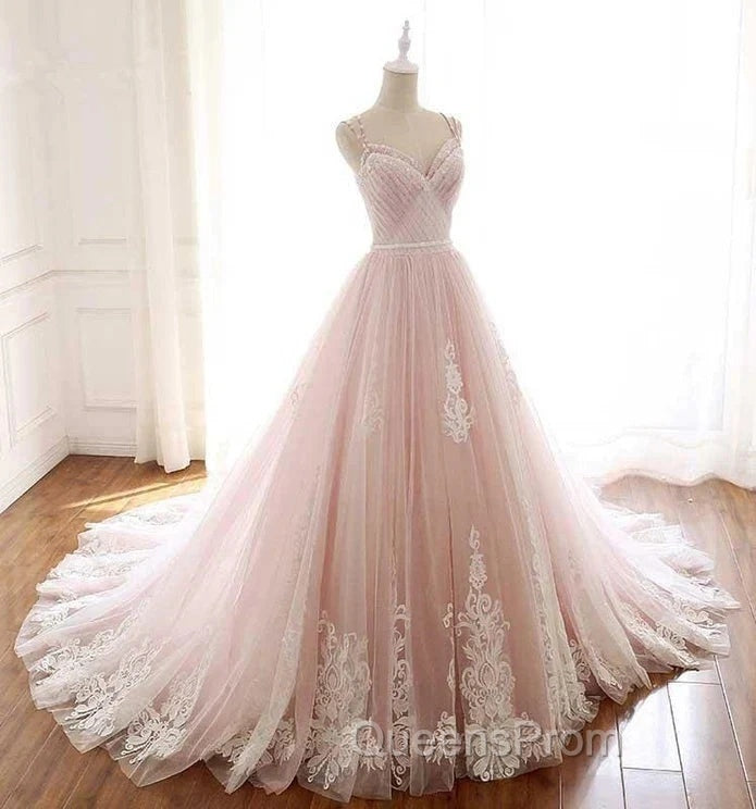 Pink A Line Spaghetti Strap Tulle Beaded Long Evening Prom Dress Sweet Applique Wedding Dress