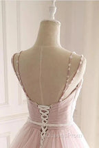 Pink A Line Spaghetti Strap Tulle Beaded Long Evening Prom Dress Sweet Applique Wedding Dress