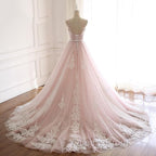 Pink A Line Spaghetti Strap Tulle Beaded Long Evening Prom Dress Sweet Applique Wedding Dress
