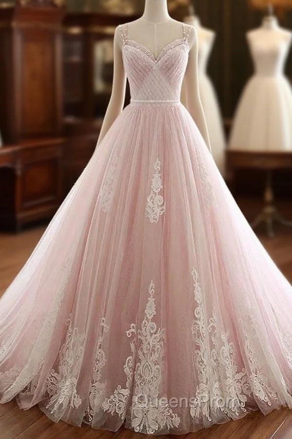 Pink A Line Spaghetti Strap Tulle Beaded Long Evening Prom Dress Sweet Applique Wedding Dress Main image