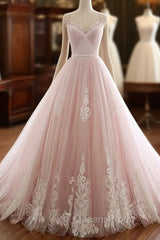 Pink A Line Spaghetti Strap Tulle Beaded Long Evening Prom Dress Sweet Applique Wedding Dress