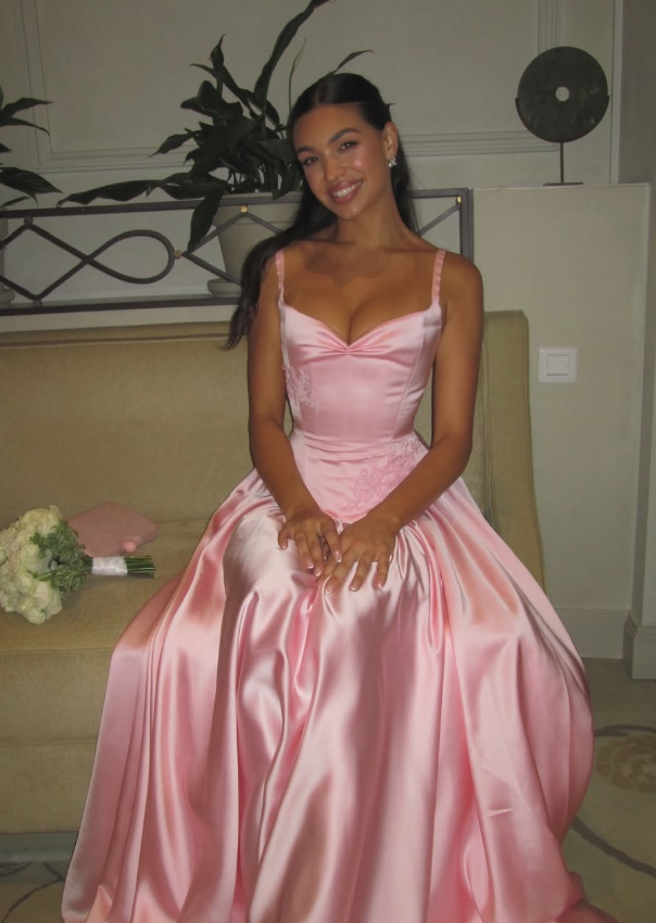 Pink A Line Spaghetti Straps Appliques Satin Long Classy Prom Dress Classy Evening Dress Main image