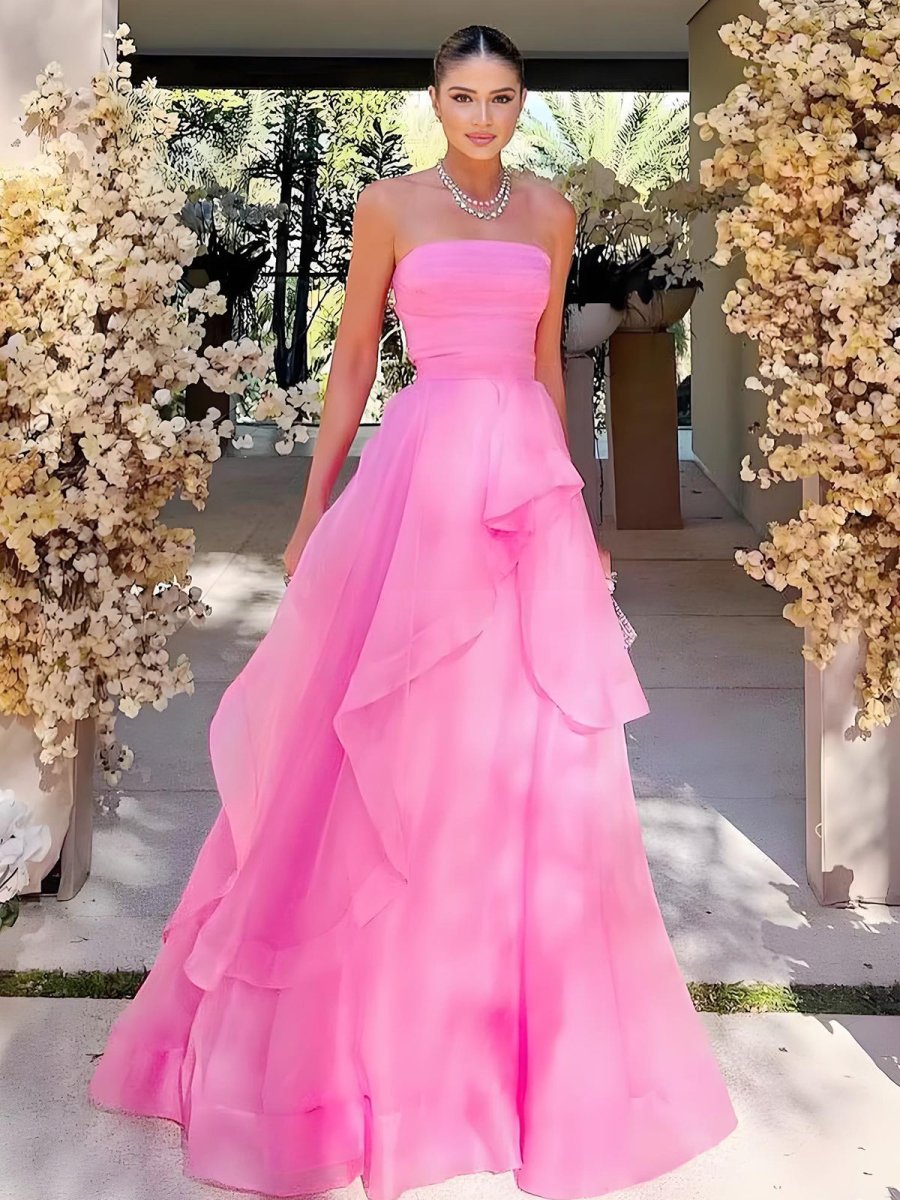 Pink A Line Strapless Organza Prom Dres Main image