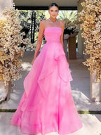 Pink A Line Strapless Organza Prom Dres