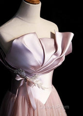 Pink A-Line Strapless Satin Tulle Long Evening Prom Dress Graduation Evening Prom Birthday Dress