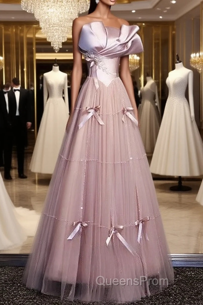 Pink A-Line Strapless Satin Tulle Long Evening Prom Dress Graduation Evening Prom Birthday Dress Main image