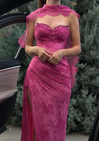 Pink A Line Sweetheart Neck Beaded Lace Classy Prom Dress Classy Evening Dress With Slit