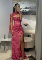 Pink A Line Sweetheart Neck Beaded Lace Classy Prom Dress Classy Evening Dress With Slit