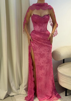 Pink A Line Sweetheart Neck Beaded Lace Classy Prom Dress Classy Evening Dress With Slit