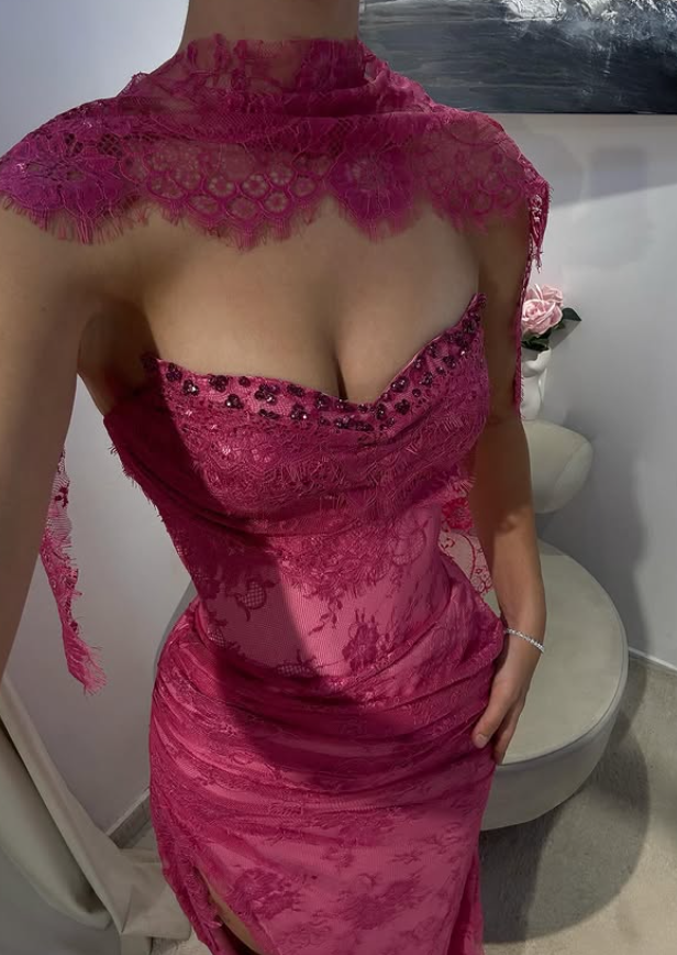 Pink A Line Sweetheart Neck Beaded Lace Classy Prom Dress Classy Evening Dress With Slit