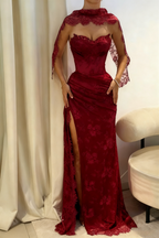 Pink A Line Sweetheart Neck Beaded Lace Classy Prom Dress Classy Evening Dress With Slit