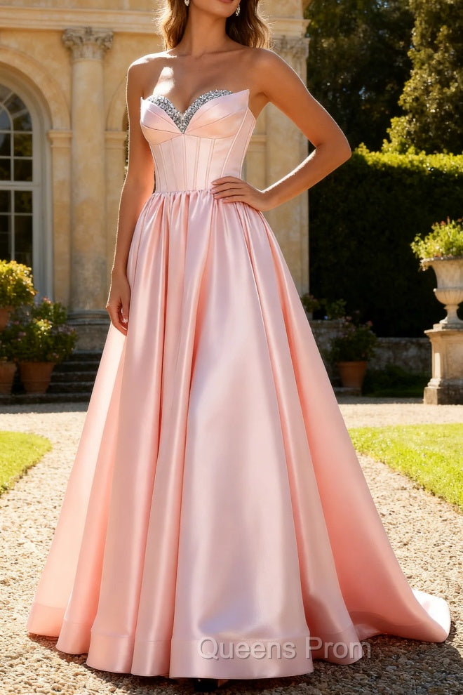 Pink A Line Sweetheart Satin Corset Long Prom Dress with Beading Main image