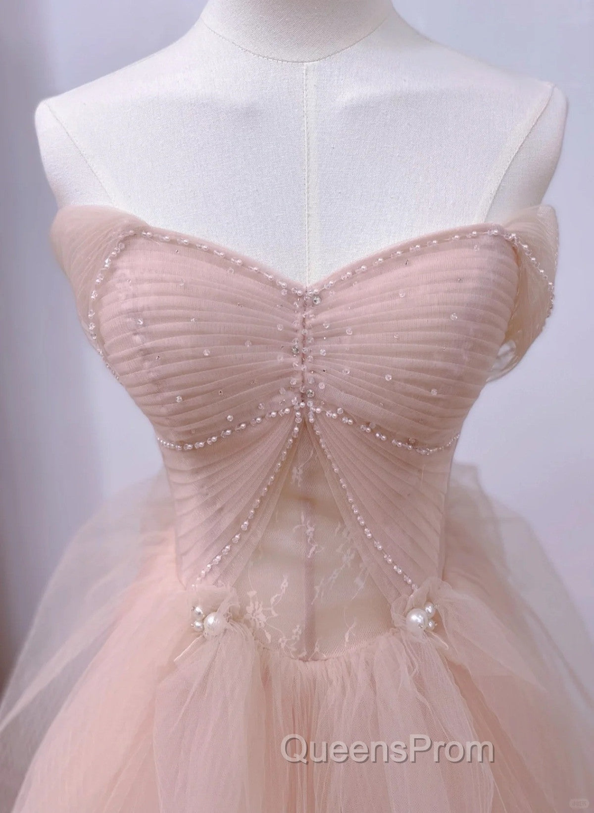 Pink A-Line Tulle Beaded Off Shoulder Long Party Dress, Pink Tulle Evening Prom Dress