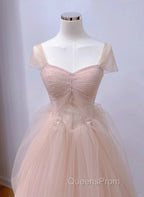 Pink A-Line Tulle Beaded Off Shoulder Long Party Dress, Pink Tulle Evening Prom Dress
