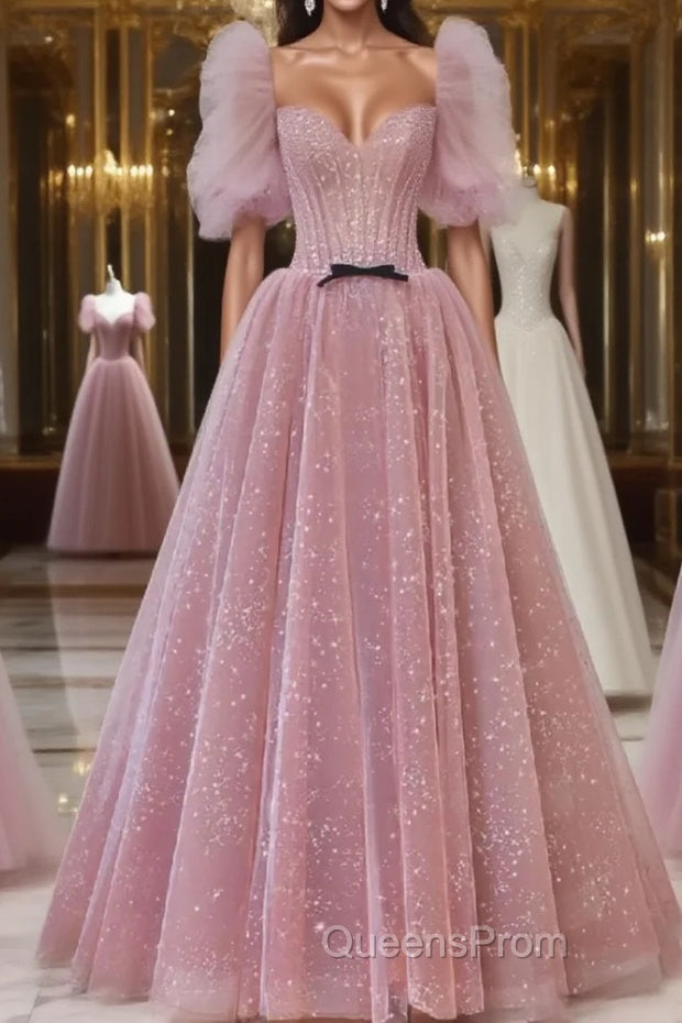 Pink A-line tulle lace long Evening Prom Dress, pink lace formal Dress Main image