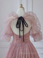 Pink A-line tulle lace long Evening Prom Dress, pink lace formal Dress