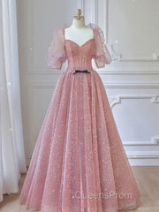 Pink A-line tulle lace long Evening Prom Dress, pink lace formal Dress