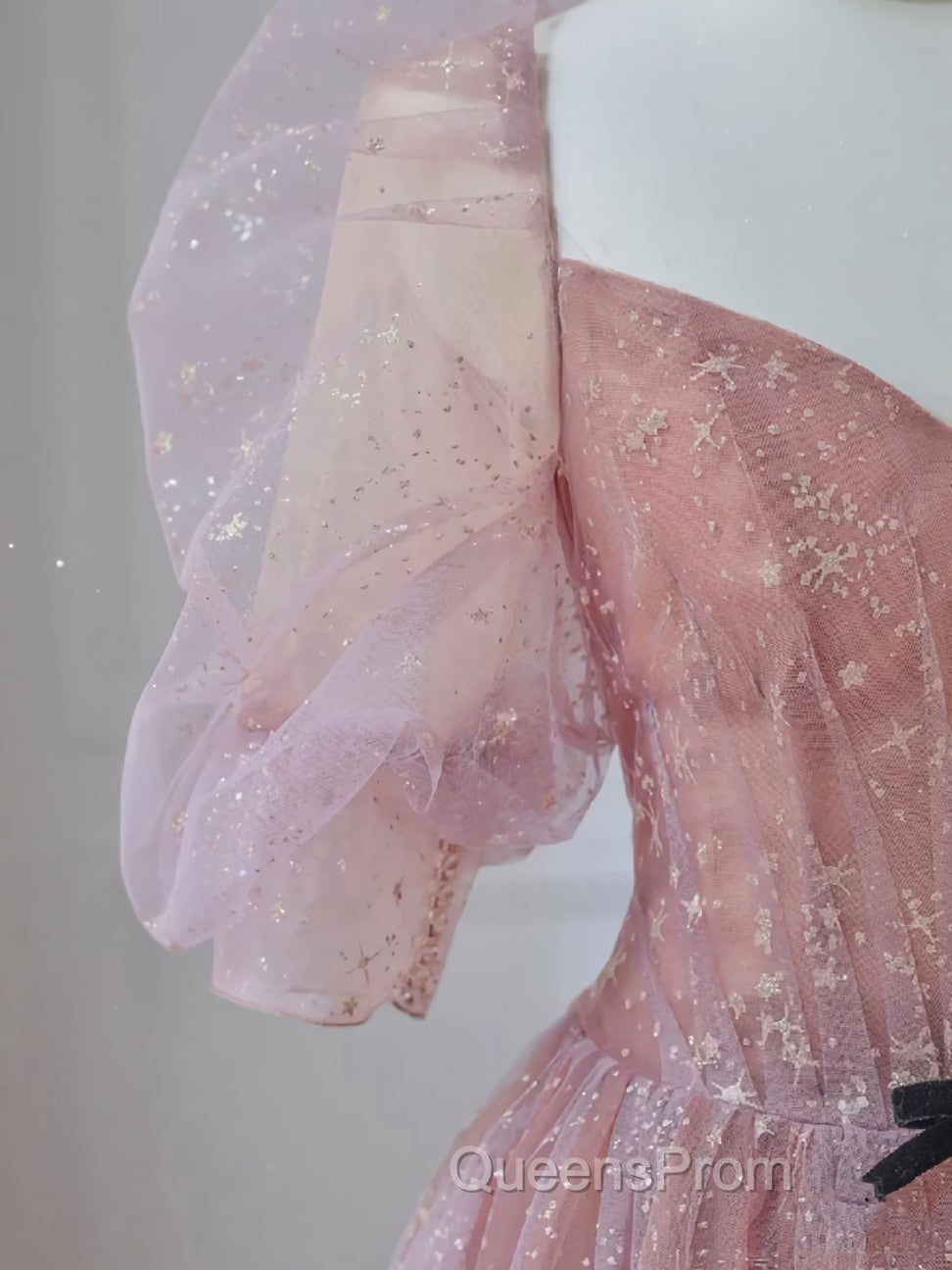 Pink A-line tulle lace long Evening Prom Dress, pink lace formal Dress