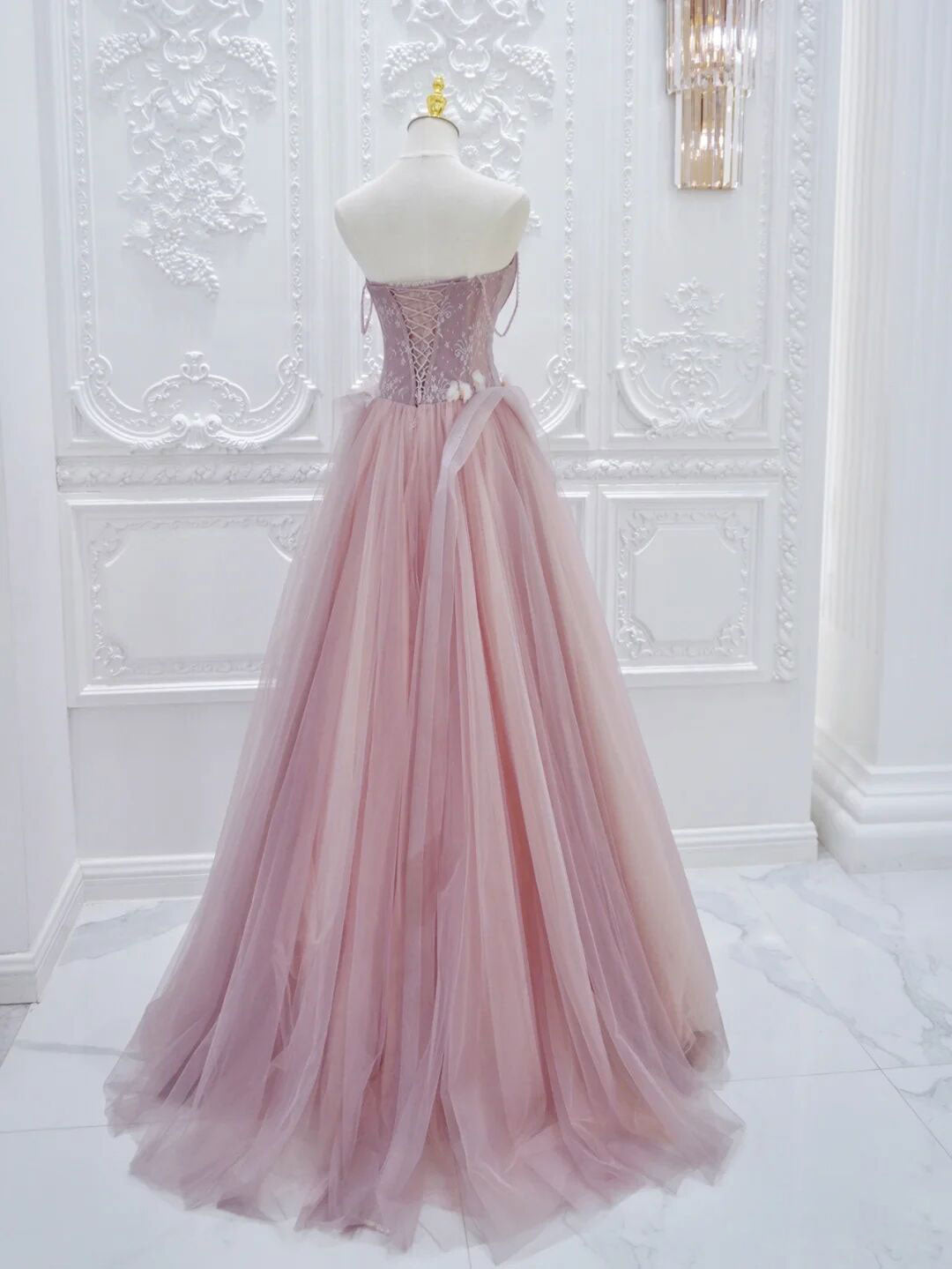 Pink A Line Tulle Lace Long Classy Prom Dress, Pink Tulle Classy Dress