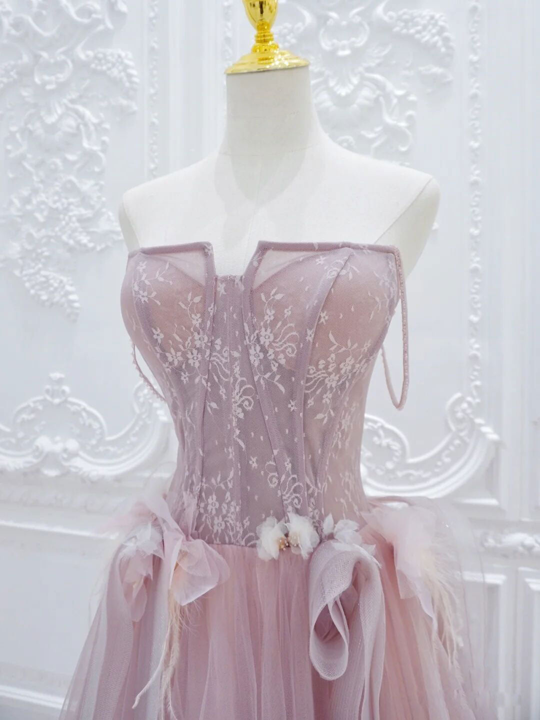 Pink A Line Tulle Lace Long Classy Prom Dress, Pink Tulle Classy Dress