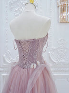 Pink A Line Tulle Lace Long Classy Prom Dress, Pink Tulle Classy Dress