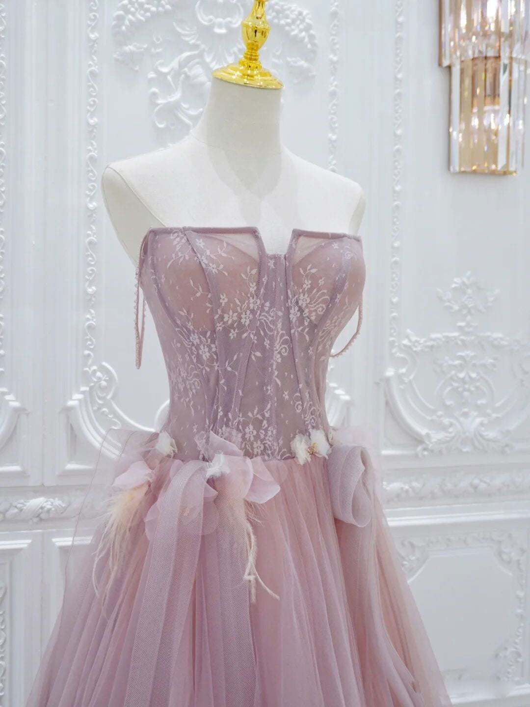 Pink A Line Tulle Lace Long Classy Prom Dress, Pink Tulle Classy Dress