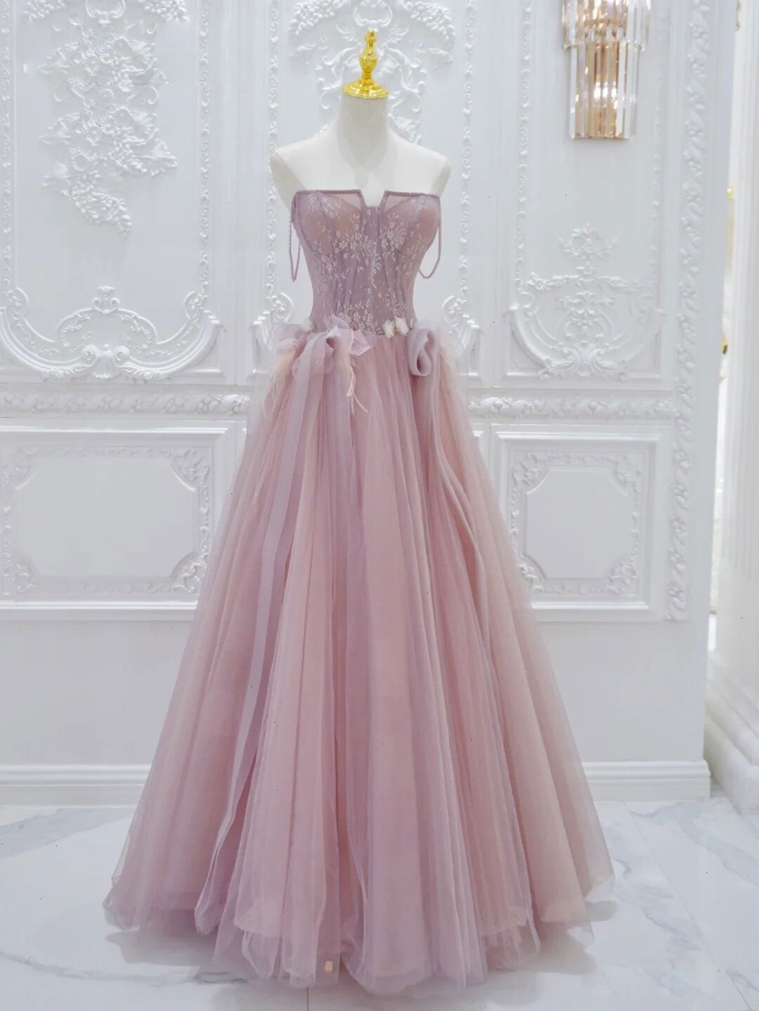 Pink A Line Tulle Lace Long Classy Prom Dress, Pink Tulle Classy Dress