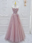 Pink A Line Tulle Lace Long Classy Prom Dress, Pink Tulle Classy Dress