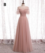 Pink Elegant A-Line Tulle Long Ball Gown Classy Evening Gown Bridesmaid Dress
