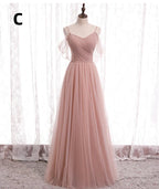 Pink Elegant A-Line Tulle Long Ball Gown Classy Evening Gown Bridesmaid Dress