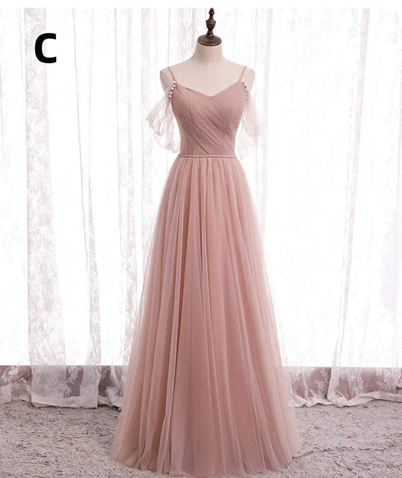 Pink Elegant A-Line Tulle Long Ball Gown Classy Evening Gown Bridesmaid Dress