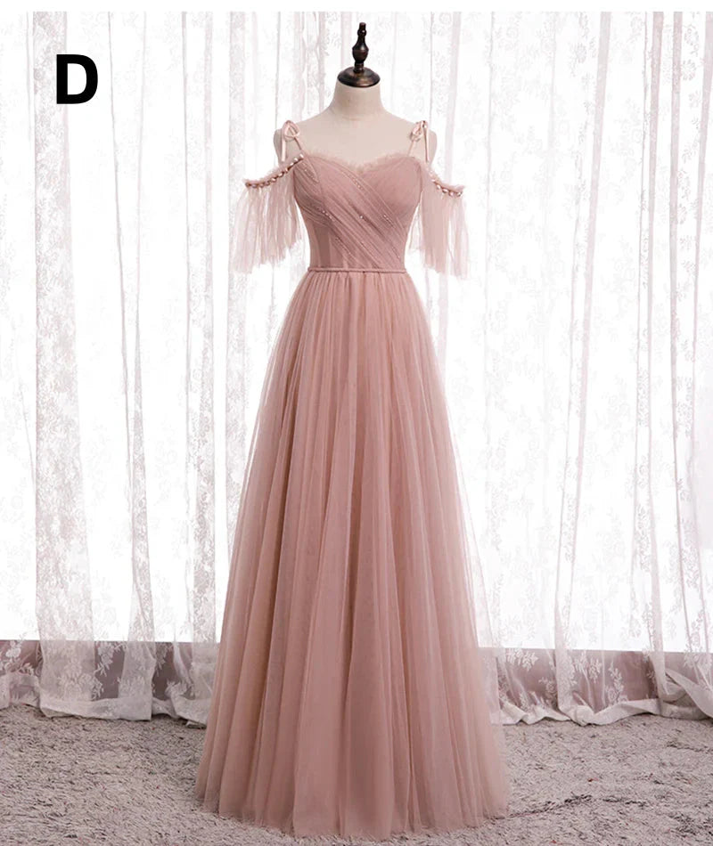 Pink Elegant A-Line Tulle Long Ball Gown Classy Evening Gown Bridesmaid Dress