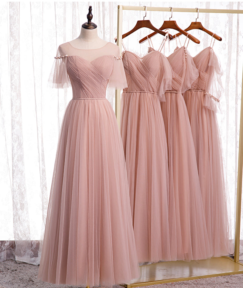 Pink Elegant A-Line Tulle Long Ball Gown Classy Evening Gown Bridesmaid Dress