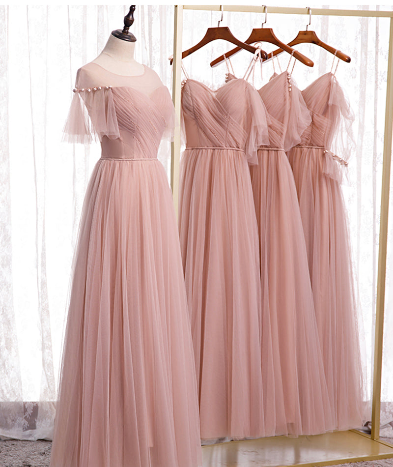 Pink Elegant A-Line Tulle Long Ball Gown Classy Evening Gown Bridesmaid Dress