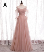 Pink Elegant A-Line Tulle Long Ball Gown Classy Evening Gown Bridesmaid Dress