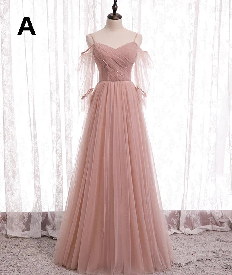 Pink Elegant A-Line Tulle Long Ball Gown Classy Evening Gown Bridesmaid Dress