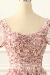 Pink A-Line Tulle Pleated Floral Long Evening Prom Dress Adult Ceremony Graduation Evening Prom Dress