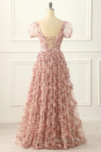 Pink A-Line Tulle Pleated Floral Long Evening Prom Dress Adult Ceremony Graduation Evening Prom Dress