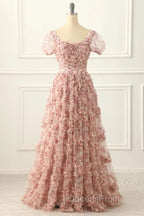 Pink A-Line Tulle Pleated Floral Long Evening Prom Dress Adult Ceremony Graduation Evening Prom Dress