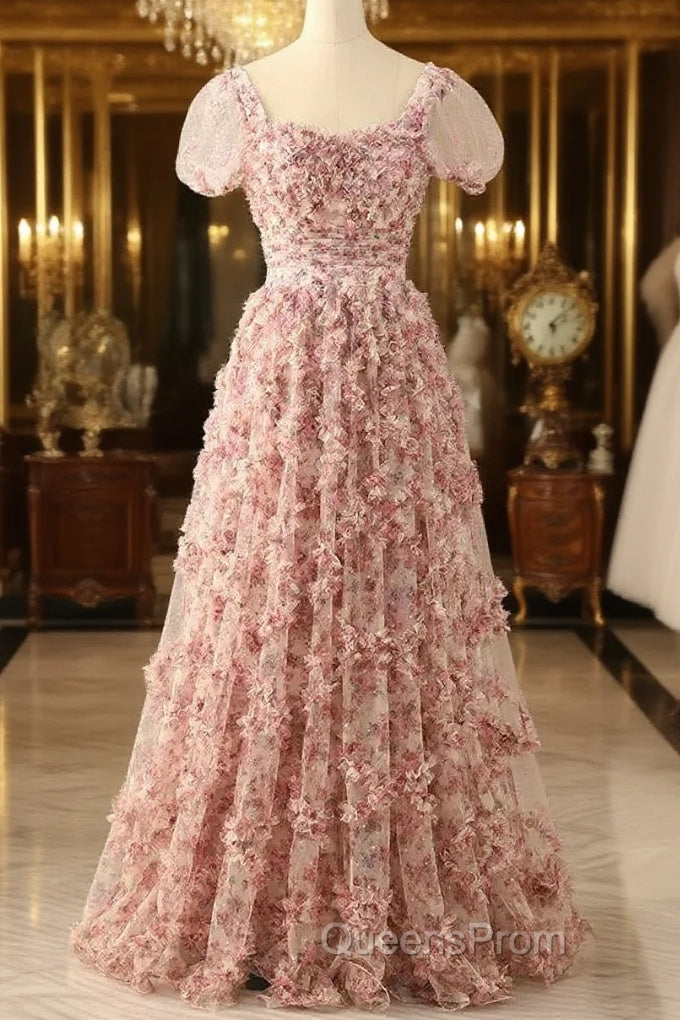Pink A-Line Tulle Pleated Floral Long Evening Prom Dress Adult Ceremony Graduation Evening Prom Dress