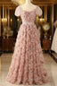 Pink A-Line Tulle Pleated Floral Long Evening Prom Dress Adult Ceremony Graduation Evening Prom Dress