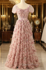 Pink A-Line Tulle Pleated Floral Long Evening Prom Dress Adult Ceremony Graduation Evening Prom Dress