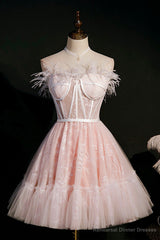 Pink A-Line Tulle Short Prom Dress with Feather, Pink Strapless Party Dress