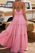 Pink A-line V Neck Sleeveless Floor-Length Chiffon Prom Dress Long Prom Dresses Backless with Pleated Ruffles